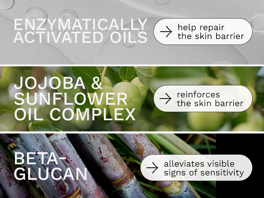 Key ingredients; Enzymatically activated oils to help repair the skin barrier. Jojoba sunflower oil complex reinforces the skin barrier, Beta-glucan alleviates visble signs of sensitivity.